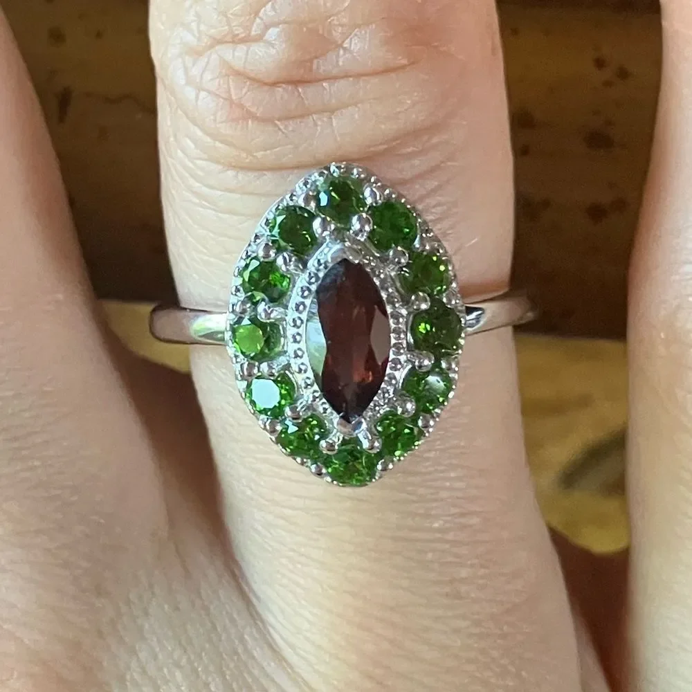 Natural Red Garnet Chrome Diopside Sterling Silver Halo Ring Size 7